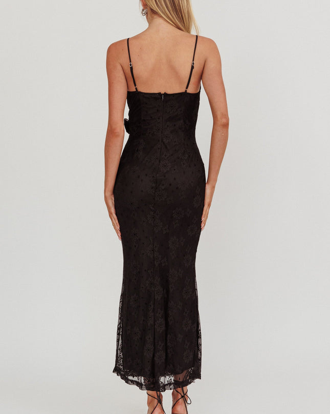 Black Rosette Cowl Neck Maxi Dress