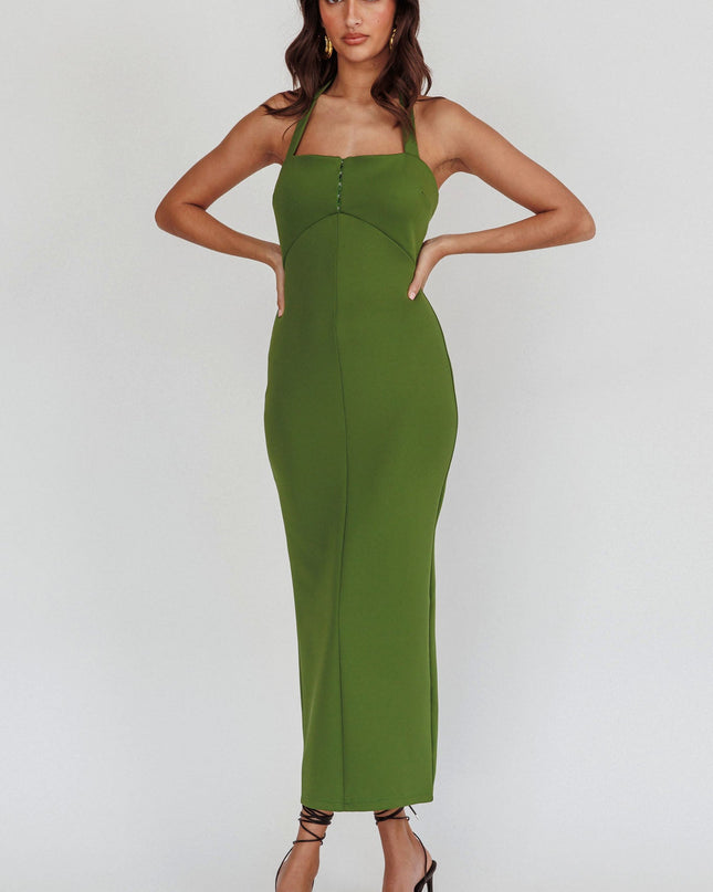 Olive Halter Neck Maxi Dress