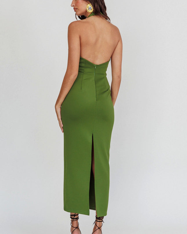 Olive Halter Neck Maxi Dress