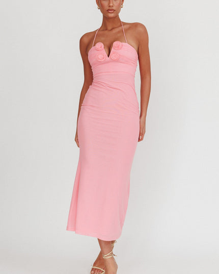 Pink Bodycon Halter Neck Midi Dress