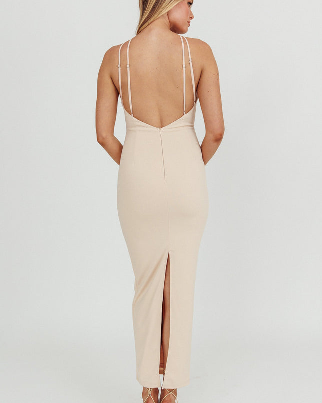 Cream Backless Bodycon Maxi Dress