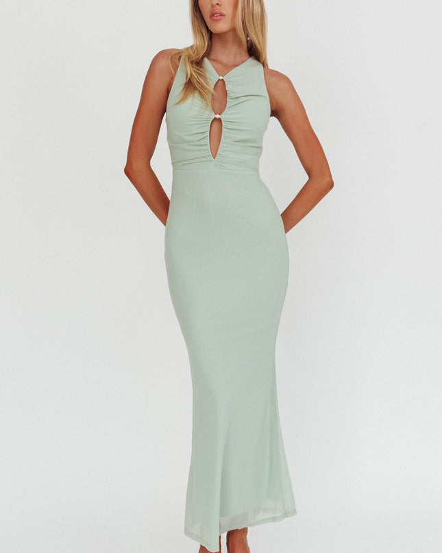 Sage Heaven Sleeveless Keyhole Mesh Maxi Dress