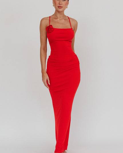 Cherry Rosette Backless Maxi Dress