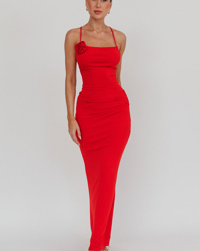 Cherry Rosette Backless Maxi Dress