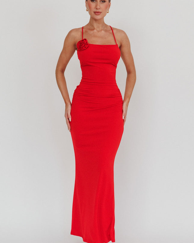 Cherry Rosette Backless Maxi Dress