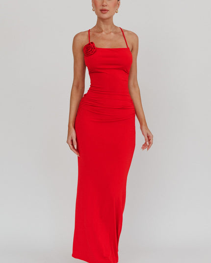 Cherry Rosette Backless Maxi Dress