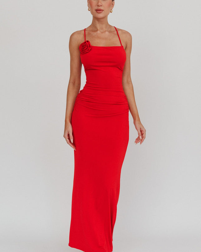 Cherry Rosette Backless Maxi Dress