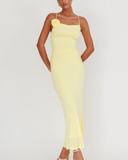 Lemon Rosette Backless Maxi Dress