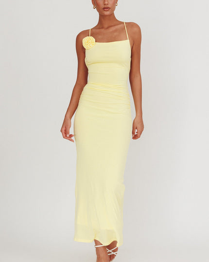 Lemon Rosette Backless Maxi Dress