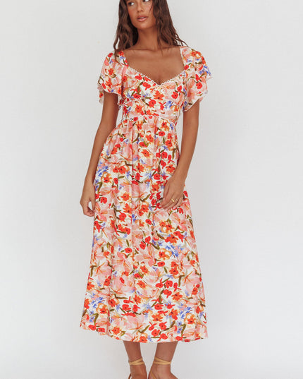 Red Flutter Sleeve Maxi Dress Floral