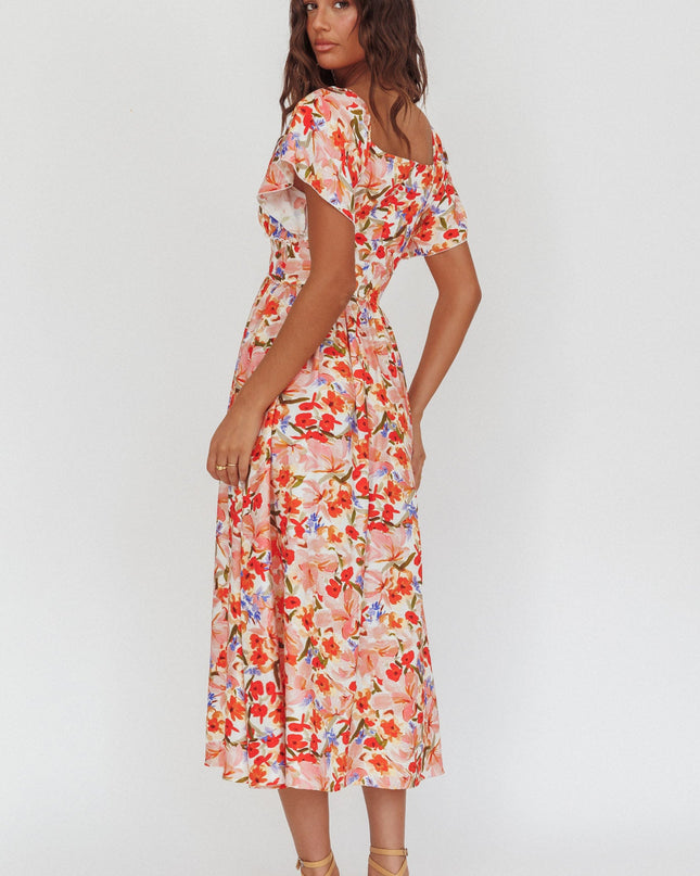 Red Flutter Sleeve Maxi Dress Floral