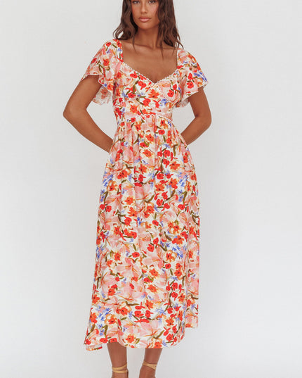 Red Flutter Sleeve Maxi Dress Floral
