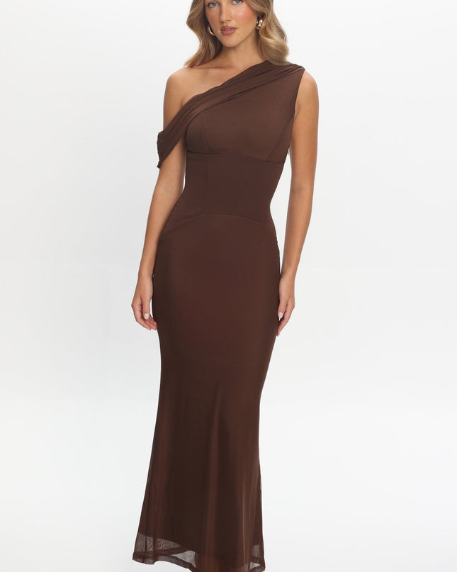 Chocolate Asymmetric Neckline Maxi Dress