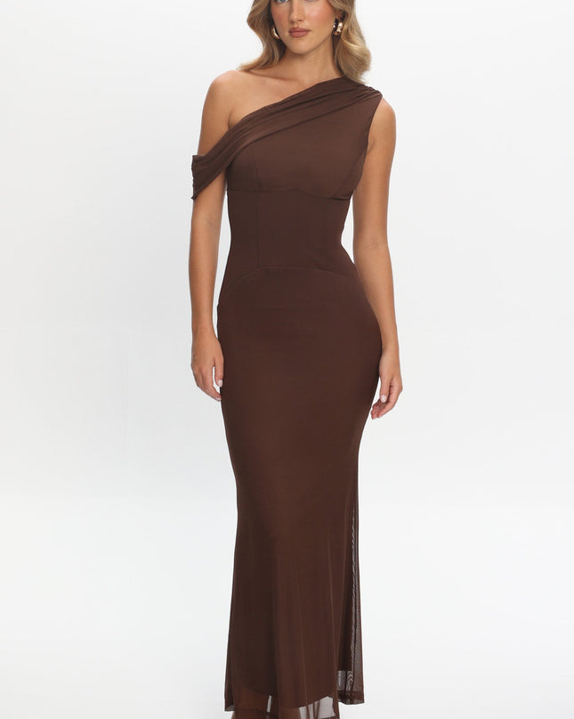 Chocolate Asymmetric Neckline Maxi Dress