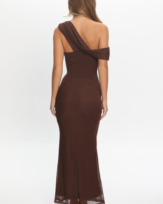 Chocolate Asymmetric Neckline Maxi Dress