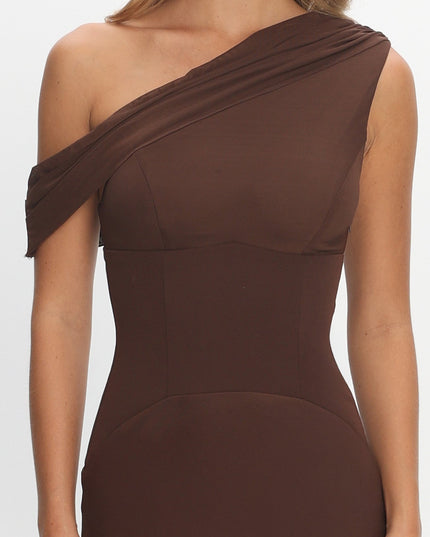 Chocolate Asymmetric Neckline Maxi Dress