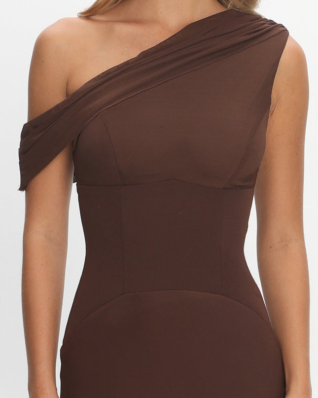 Chocolate Asymmetric Neckline Maxi Dress