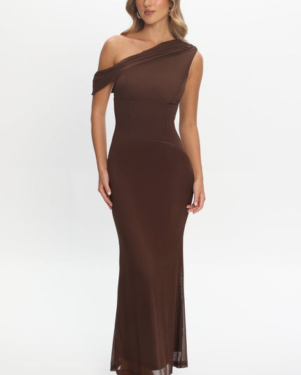 Chocolate Asymmetric Neckline Maxi Dress