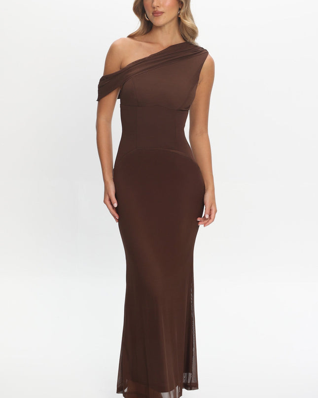 Chocolate Asymmetric Neckline Maxi Dress