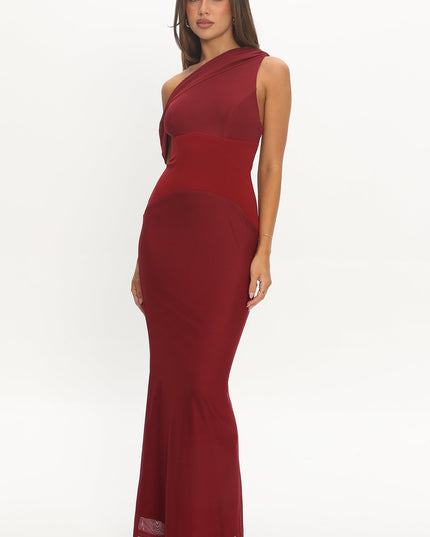Wine Asymmetric Neckline Maxi Dress
