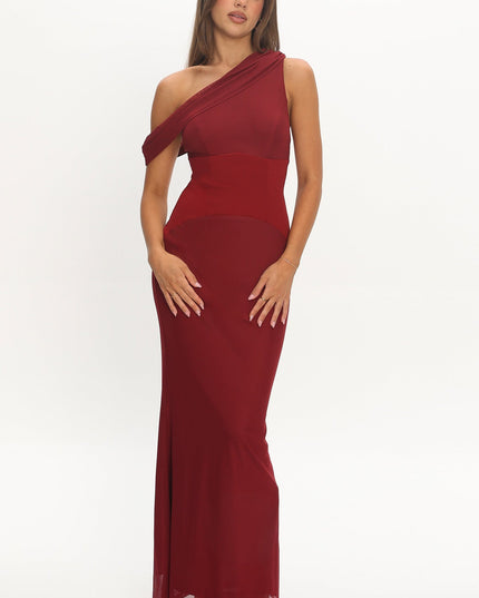 Wine Asymmetric Neckline Maxi Dress
