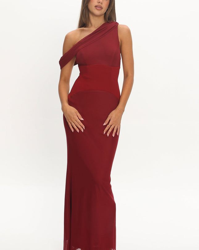 Wine Asymmetric Neckline Maxi Dress