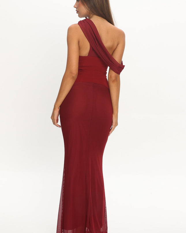 Wine Asymmetric Neckline Maxi Dress