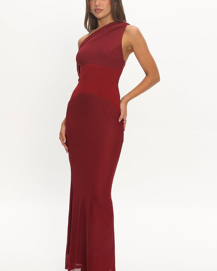Wine Asymmetric Neckline Maxi Dress