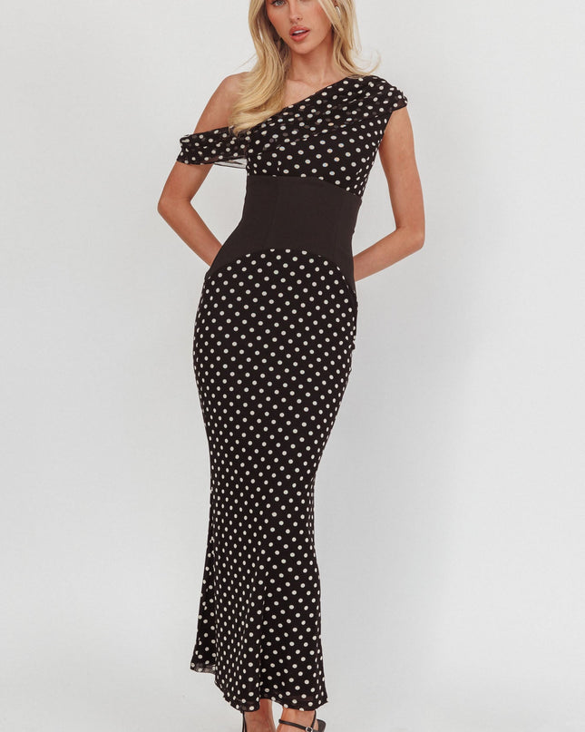 Asymmetric Neckline Maxi Dress Black Dot