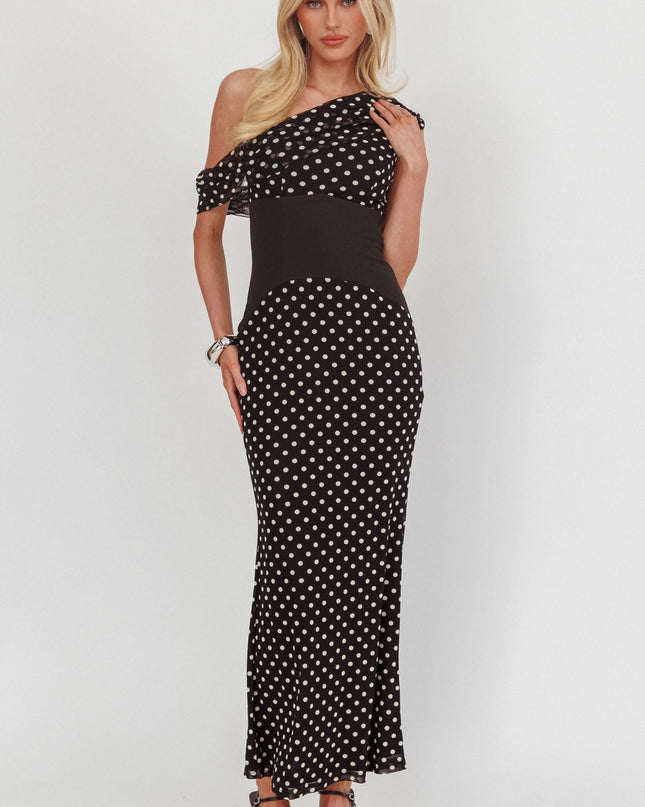 Asymmetric Neckline Maxi Dress Black Dot