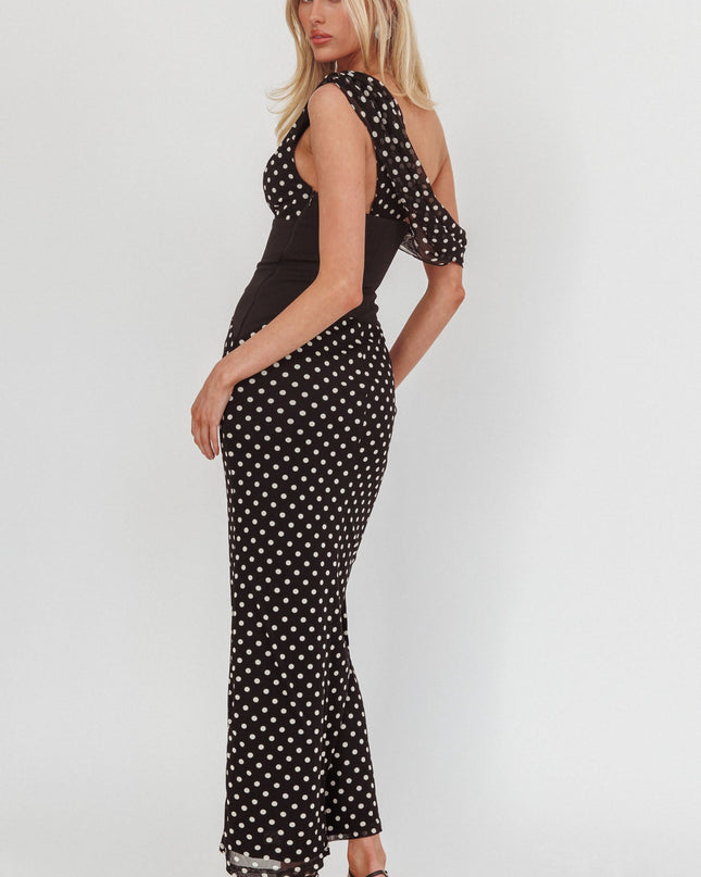 Asymmetric Neckline Maxi Dress Black Dot