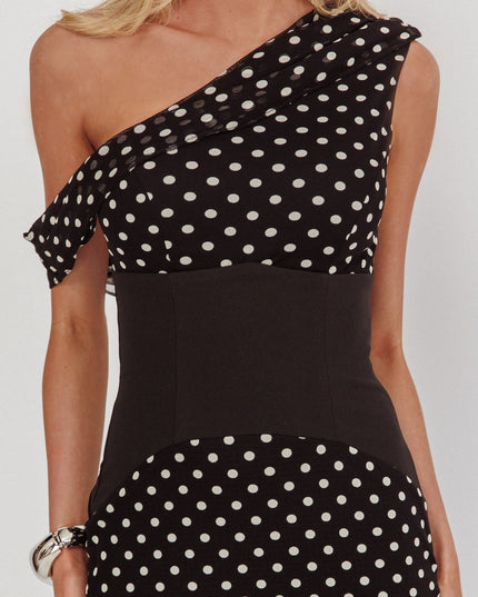 Asymmetric Neckline Maxi Dress Black Dot
