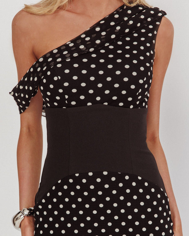 Asymmetric Neckline Maxi Dress Black Dot
