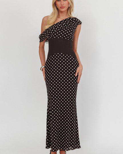 Asymmetric Neckline Maxi Dress Black Dot