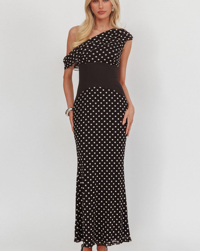 Asymmetric Neckline Maxi Dress Black Dot