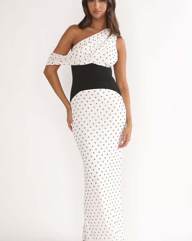 Brown Asymmetric Neckline Maxi Dress Polka Dot