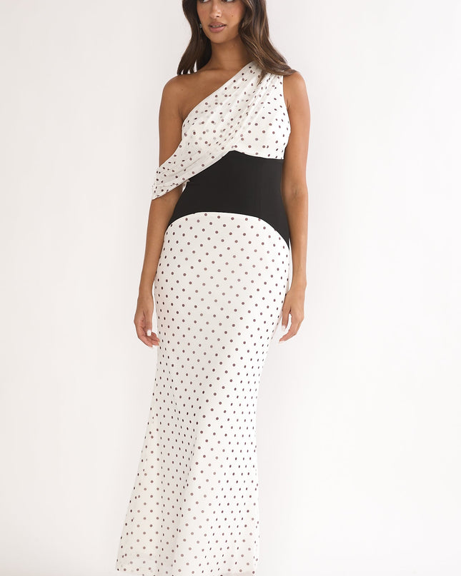 Brown Asymmetric Neckline Maxi Dress Polka Dot