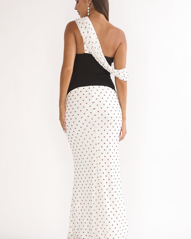 Brown Asymmetric Neckline Maxi Dress Polka Dot