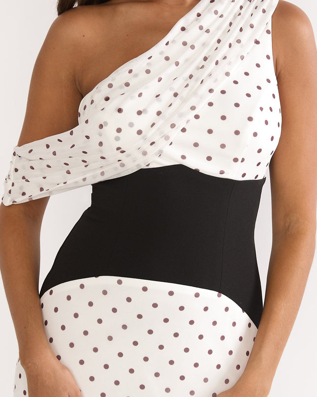 Brown Asymmetric Neckline Maxi Dress Polka Dot