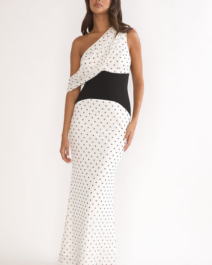 Brown Asymmetric Neckline Maxi Dress Polka Dot