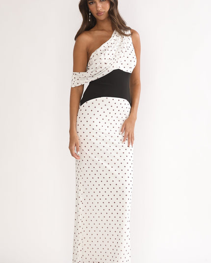 Brown Asymmetric Neckline Maxi Dress Polka Dot
