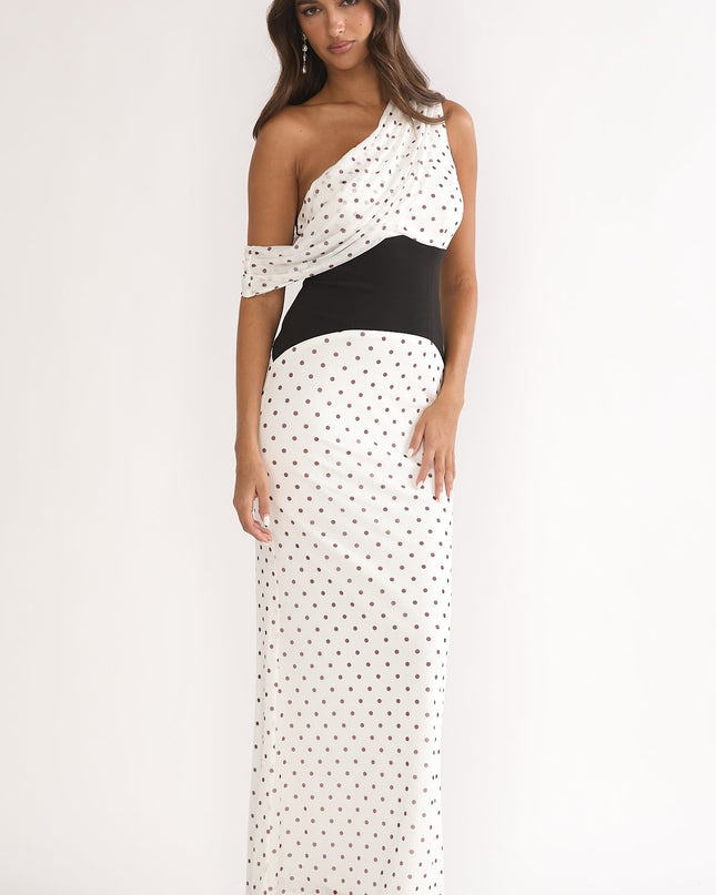 Brown Asymmetric Neckline Maxi Dress Polka Dot