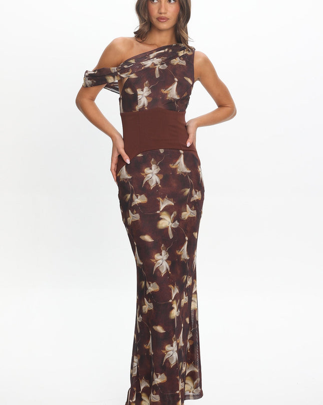 Floral Asymmetric Neckline Maxi Dress