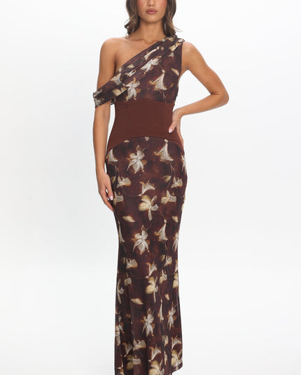 Floral Asymmetric Neckline Maxi Dress