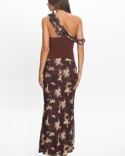 Floral Asymmetric Neckline Maxi Dress