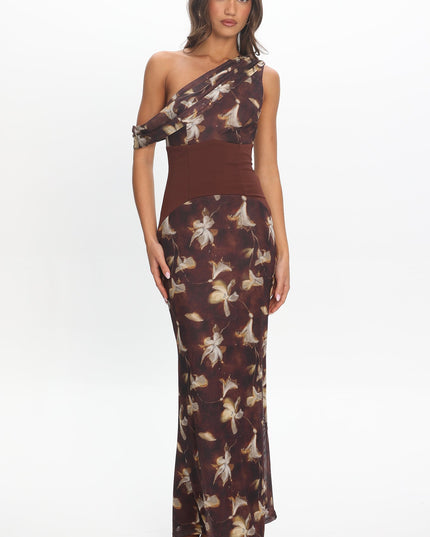 Floral Asymmetric Neckline Maxi Dress