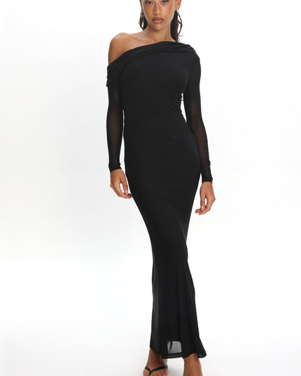 Black Asymmetric Neckline Long Sleeve Maxi Dress
