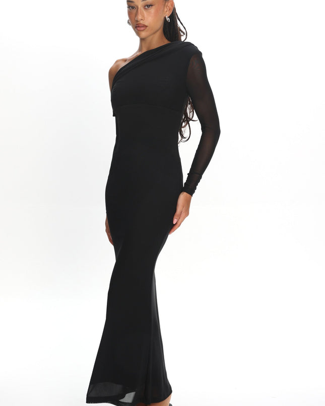 Black Asymmetric Neckline Long Sleeve Maxi Dress