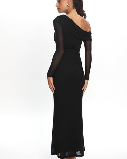 Black Asymmetric Neckline Long Sleeve Maxi Dress