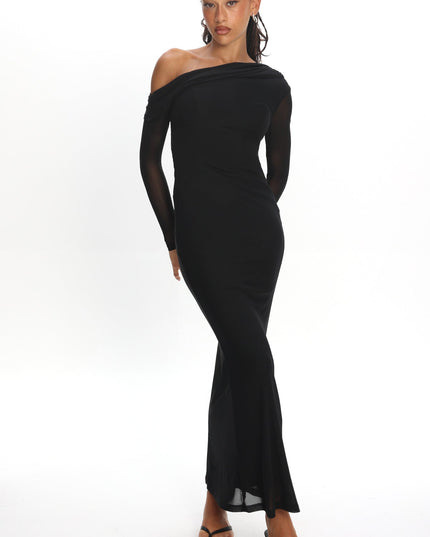 Black Asymmetric Neckline Long Sleeve Maxi Dress